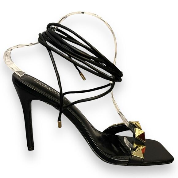 Cape Robbin Strappy Heel Sandals Womens 9 Black Studded Gold Sexy Open Toe Party - Picture 3 of 14